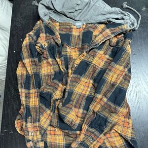 Natural Reflections Orange and Black Plaid Shirt with Hood